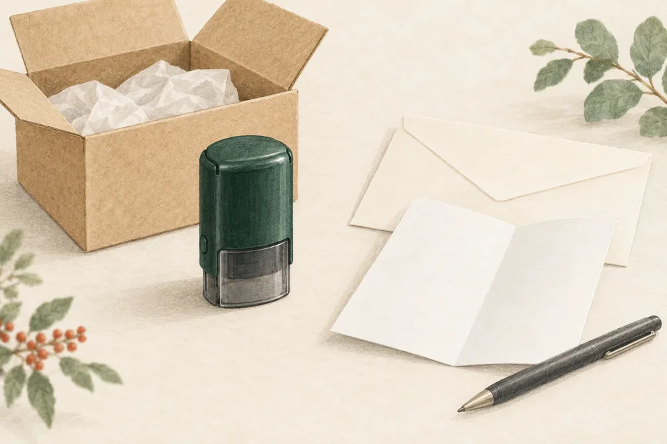 ネーム印の本体と荷物、申込案内を表すイラスト